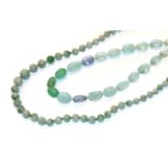A jadeite bead necklace, length 76cm, and a quartz and beryl bead necklace, length 43.5cm (2).