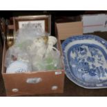 Assorted Belleek porcelain, modern jade figures, miscellaneous ceramics, etc (one box)