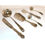 Collection of flatware, to include a Scottish silver fish slice, a George III silver ladle,