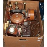 Various copper and brass wares with an Ever Ready lamp, leather collar box and other items