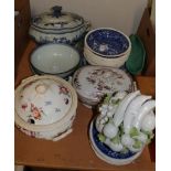 A large Willow pattern meat dish together with a part Copeland Spode dinner service with various