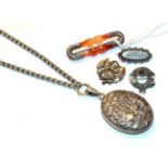 An agate brooch, length 6.4cm, a silver brooch, a circular brooch, stamped 'NORWAY STERLING 925S', a