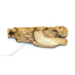 Japanese ivory netsuke, figure with scroll, 6cm high. Weight 11g. Discoloured splits, all over