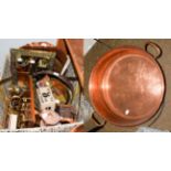 Miscellaneous copper and brass wares, including large jam pan, postal scales, weights, etc