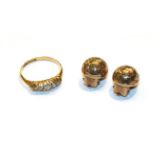 An 18 carat gold diamond five stone ring, finger size N1/2 and a pair of 9 carat gold earrings, with