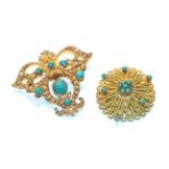 A 9 carat gold seed pearl and turquoise brooch, length 4.1cm and a circular blue glass brooch,