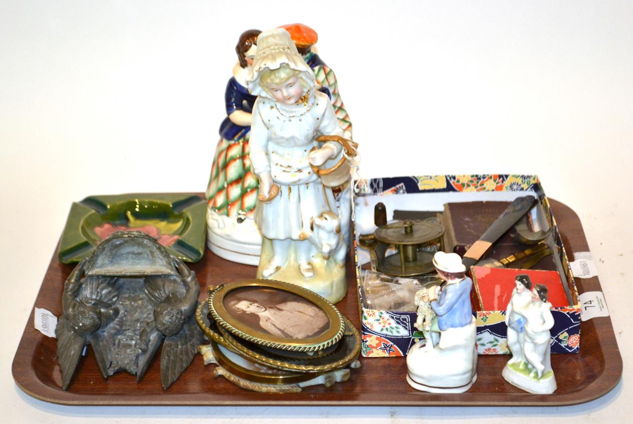 A quantity of assorted items including Moorcroft ashtray, four Staffordshire figures, a lead wall