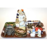 A quantity of assorted items including Moorcroft ashtray, four Staffordshire figures, a lead wall
