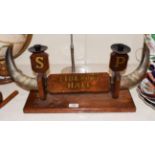 A Masonic lodge candle stand with horn mount, with title plaque Liberty Hall, 62cm by 26cm high