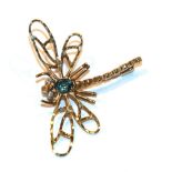 A 9 carat gold dragonfly brooch, length 3.5cm . The dragonfly has diamond set eyes. We are unable to