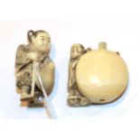 Japanese ivory netsuke, figure beside a large flask, 3.5cm high, and a man with a straw hat, 4cm