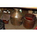 A copper coal scuttle, 34cm high, an Edwardian planter, a milk churn and a mahogany wall shelf (4)