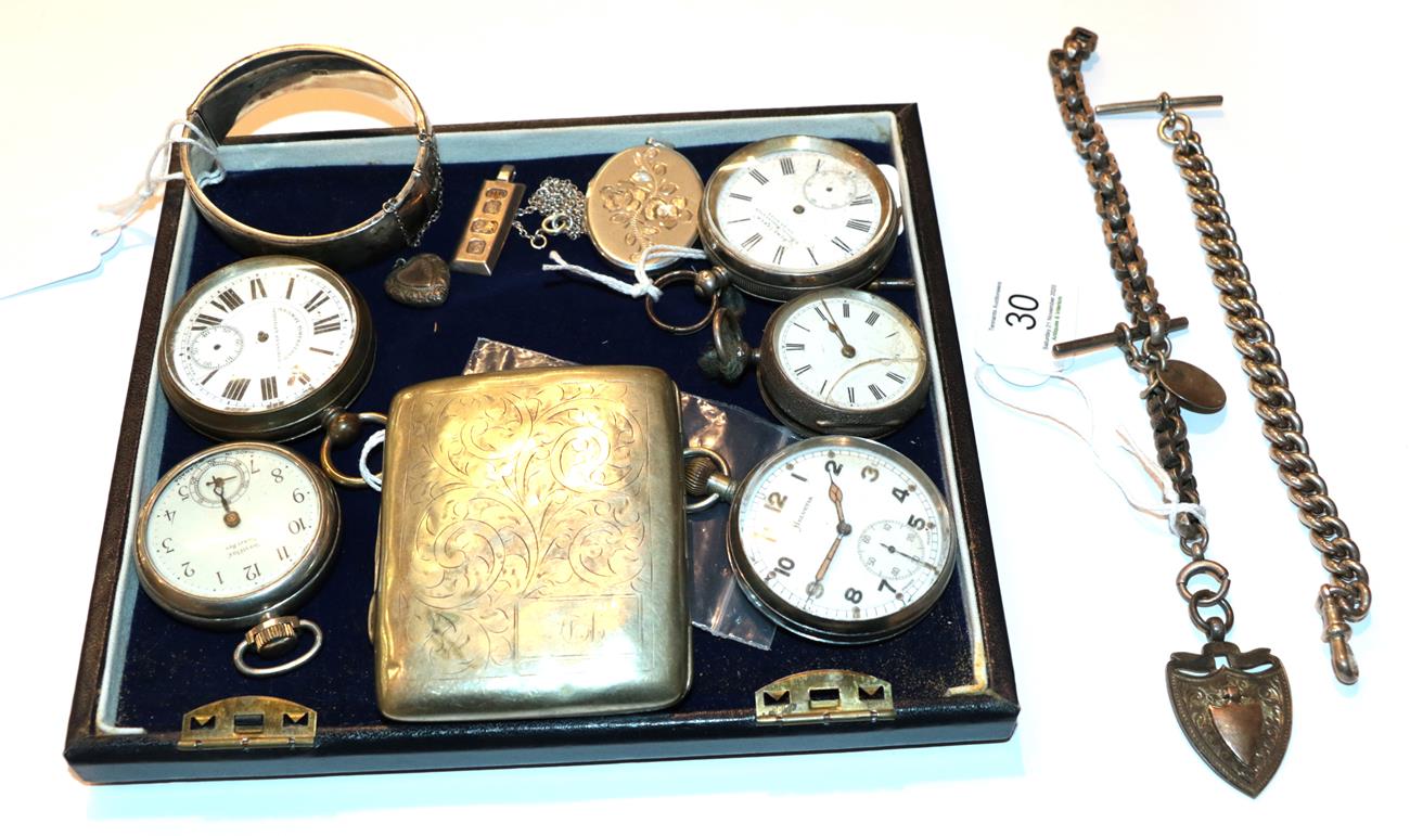 A collection of five open faced pocket watches, two silver Albert chains, a silver bangle, a