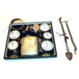 A collection of five open faced pocket watches, two silver Albert chains, a silver bangle, a