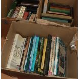 Four boxes of assorted books including various subjects such as autobiographies, geographical,