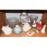Six various Royal Doulton ladies including Victoria, together with Royal Crown Derby puppy and other