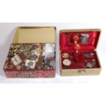 Two boxes of jewellery, silver, Scottish bangle, Cherub buckle, etc
