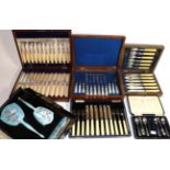 A silver and guilloche enamel backed brush and mirror set, cased, together with a set of six