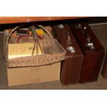 Leather crocodile case and four wicker baskets circa 1940s, etc