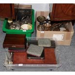 Assorted silver plate, brass, a pair of scales, a family bible, various coinage, etc (three boxes)