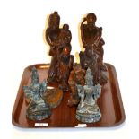 Five Chinese carved wooden figures together with two Tibetan bronzed figures and a plaque, tallest