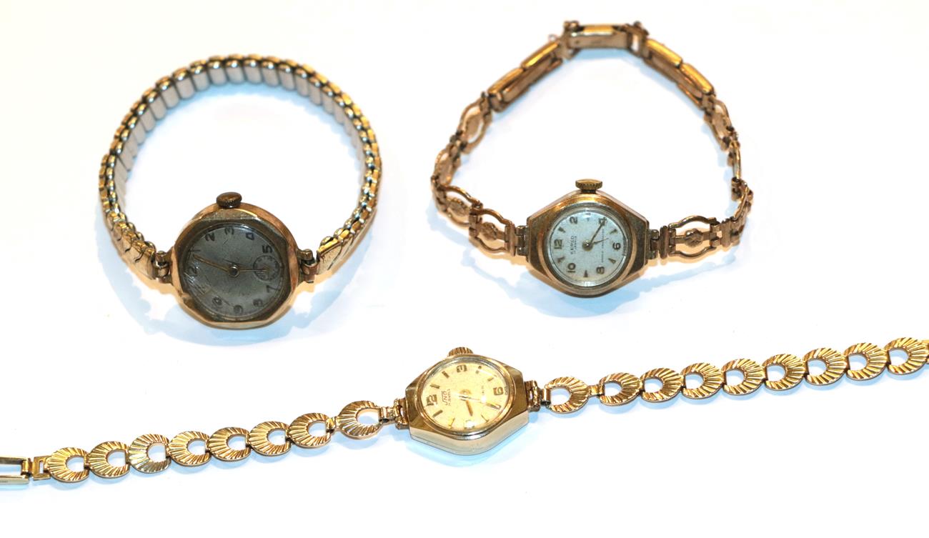 Three gold lady's wristwatches (one Kered and one Uno)