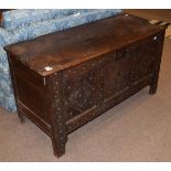 A late 17th century oak coffer, 143cm by 56cm by 76cm high