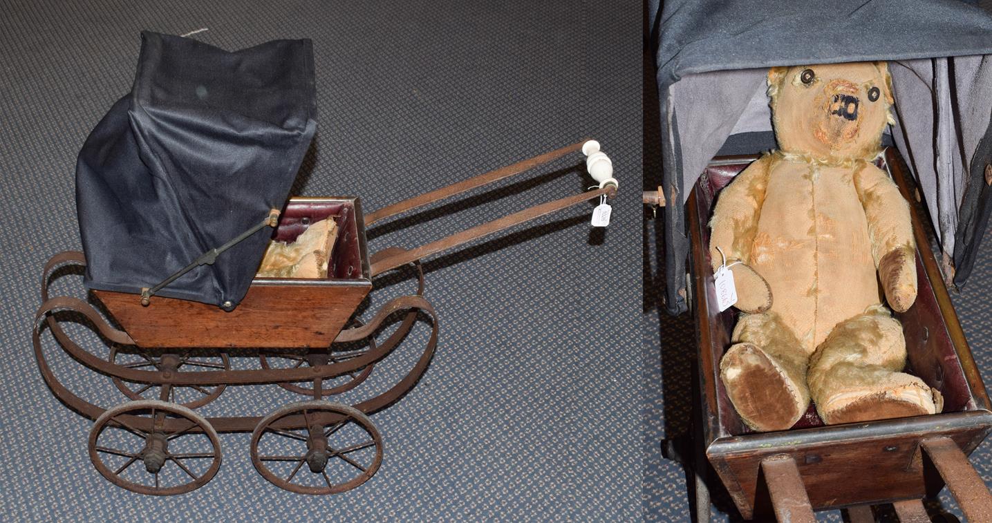 Early 20th century wooden dolls pram with hood and jointed teddy bear (2)