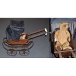 Early 20th century wooden dolls pram with hood and jointed teddy bear (2)