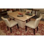 A faux marble rectangular form dining table, 160cm by 90cm by 76cm; together with four cream