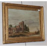 British school (20th century) Figures amongst a ruin, indistinctly signed, oil on board, 38cm by