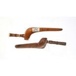 19th century mahogany goose wing knitting sheath, with ring turned handle, bone mount and bears a