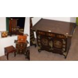 A group 20th century Chinese hardwood furniture comprising a multi drawer collector cabinet fitted