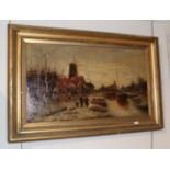 * Van Staten, Dutch village scene by a canal, signed, oil on canvas, 60cm by 106cm