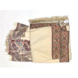Large 19th century cream wool shawl with woven paisley trim, and another similar (both a.f.) (2)