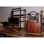 A 19th century mahogany toilet mirror; two towel rails; triptych mirror; set of scales; two