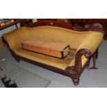 A Victorian mahogany scroll end sofa, with carved crest rail, 212cm wide