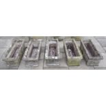A set of five composition rectangular planters, 90cm by 33cm by 27cm high