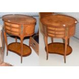 A pair of French metal mounted inlaid walnut bedside cabinets of oval tops and with reniform