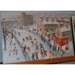 John Ormsby (1969) Scottish, Skating outside the tavern, signed, oil on canvas, unframed, 51cm by