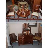 An inlaid mahogany four-height straight front chest of drawers; a pair of caned occasional chairs on