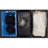 Locke & Co opera hat, a Bowler Hat, Polo cap, and a box of gents white dress shirts (two boxes)