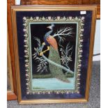 Modern decorative embroidered picture of a peacock on a velvet ground, worked in silk and gilt metal