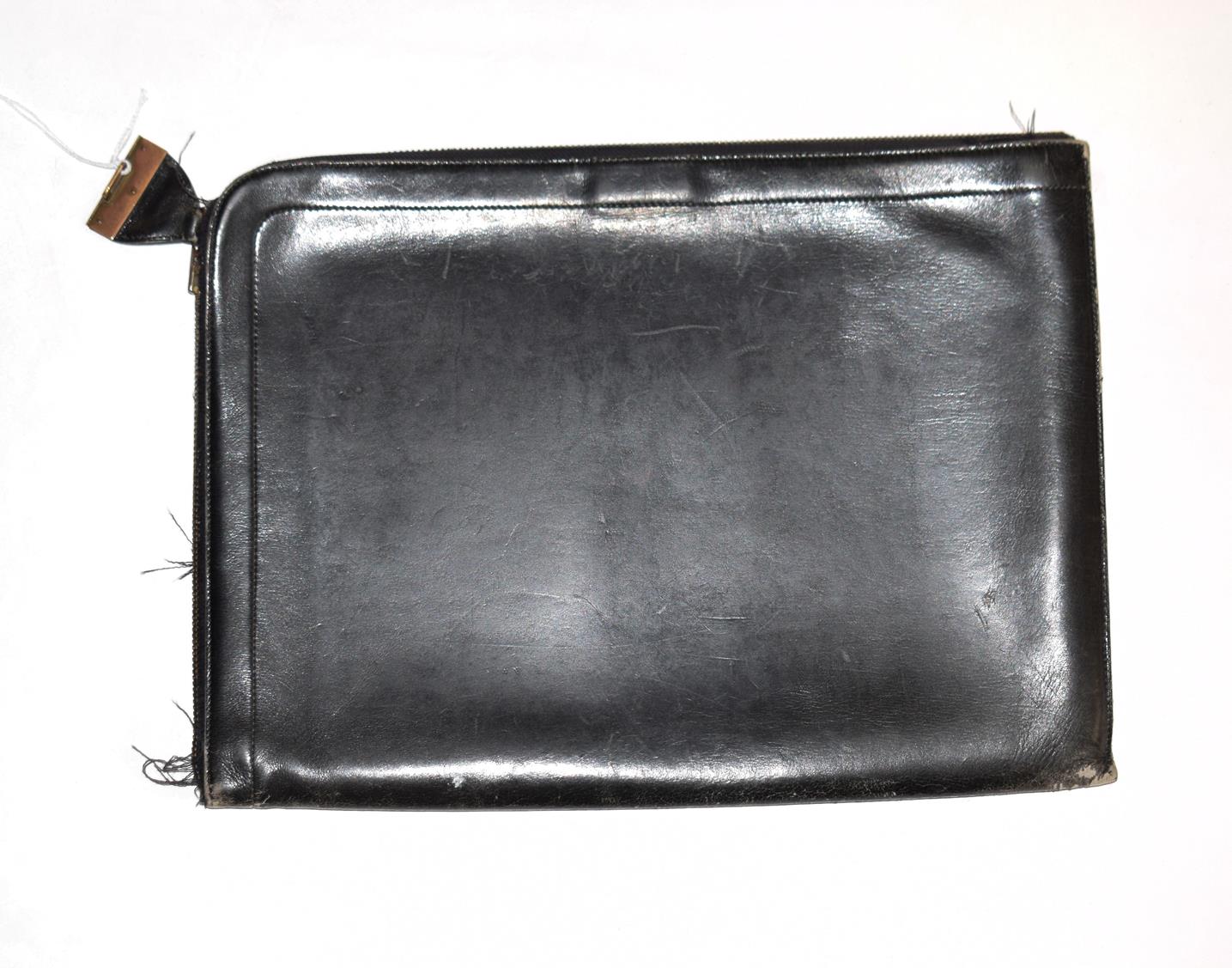Hermes black leather document case, with zip around the outer edge, brass lock stamped 'Hermes