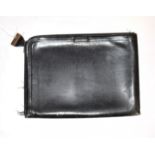 Hermes black leather document case, with zip around the outer edge, brass lock stamped 'Hermes