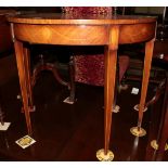 A George III style mahogany and satinwood demi-lune side table, the top with elaborate urn, swag,