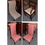 A pair of 19th century prie dieu chairs; a nursing chair of similar date; and a mahogany open