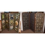 A Victorian mahogany framed three-leaf screen, upholstered in chinoiserie fabric, each leaf 66cm