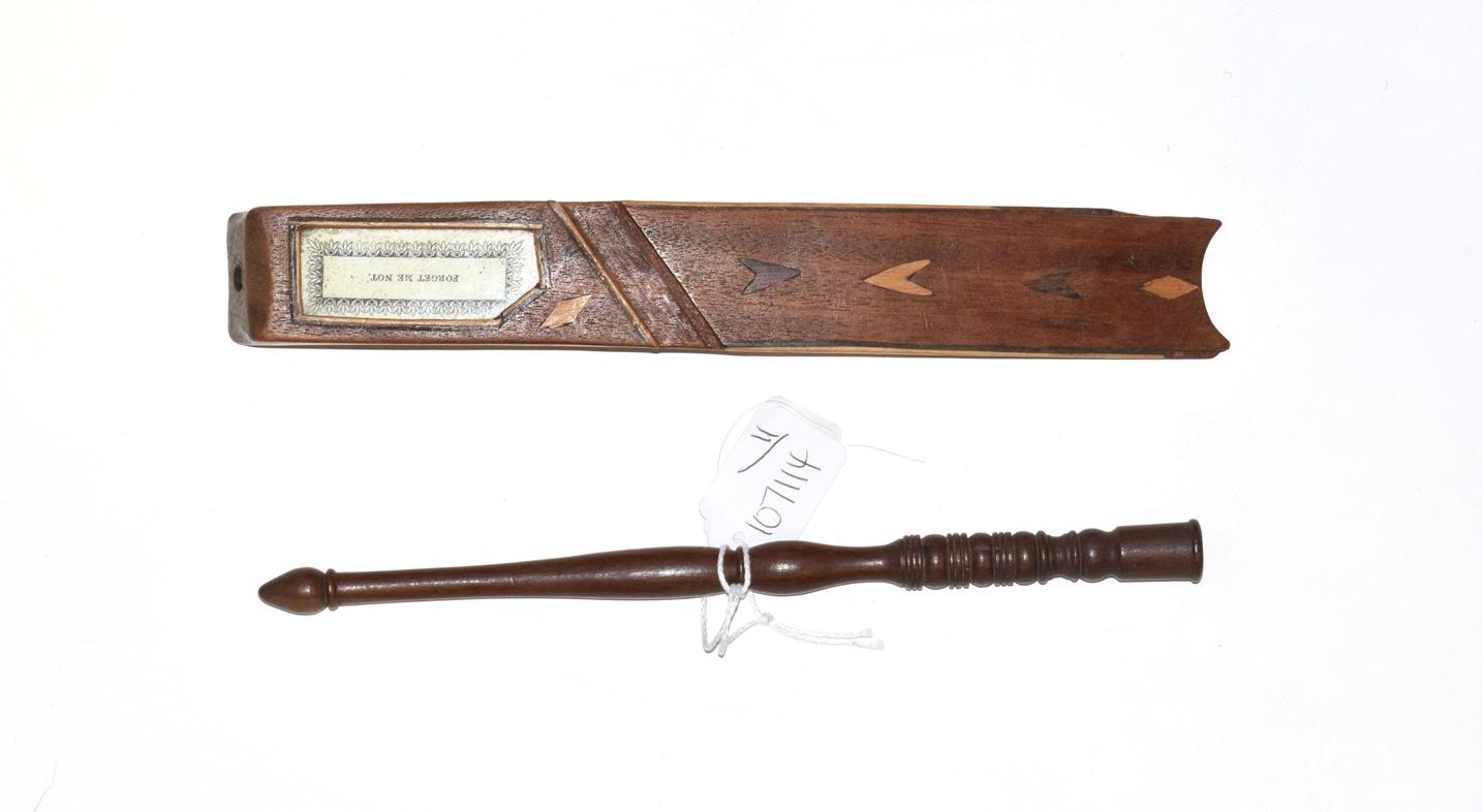 19th century mahogany knitting sheath, with glass aperture and printed paper 'Forget me Not', inlaid