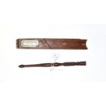 19th century mahogany knitting sheath, with glass aperture and printed paper 'Forget me Not', inlaid